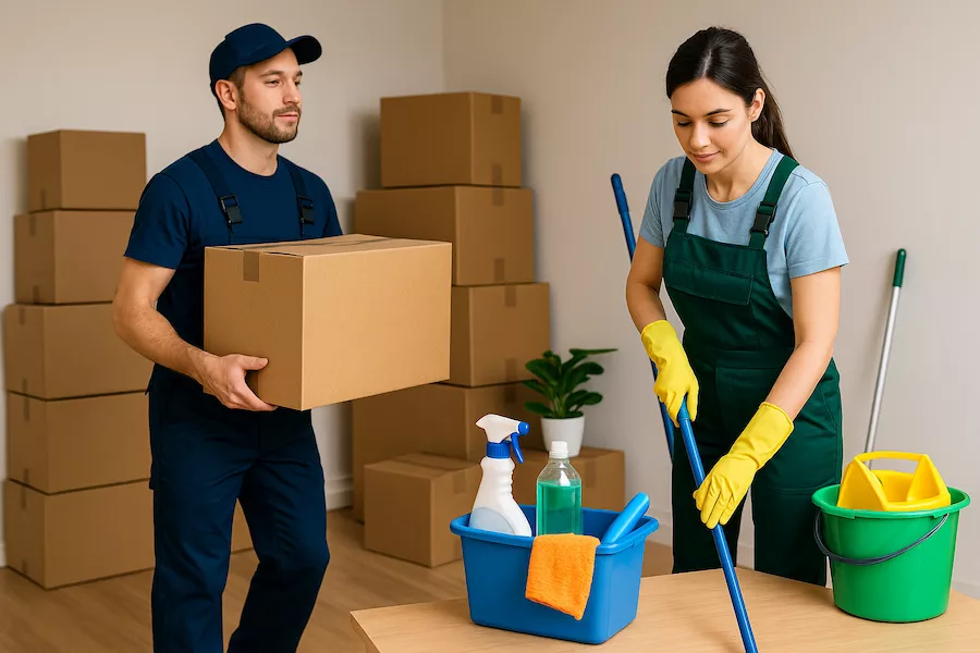 flyttfirma och städfirma arbetar tillsammans med flyttlådor och rengöringsredskap